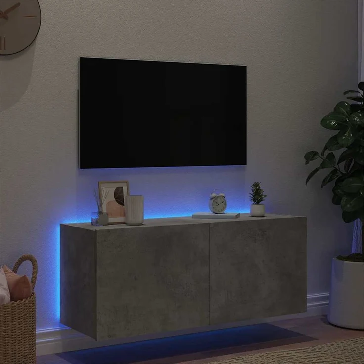 TV-Wandschrank, Fernsehschrank mit LED-Leuchten Betongrau 100x35x41 cm – Bild 4