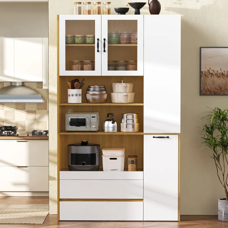 Highboard mit verstellbaren Regalböden und Schubladen, Buffetschrank mit ausziehbaren Regalböden und Riffelglas , Ideal für Esszimmer, Wohnzimmer und Küche (Weiß+Natur) – Bild 1