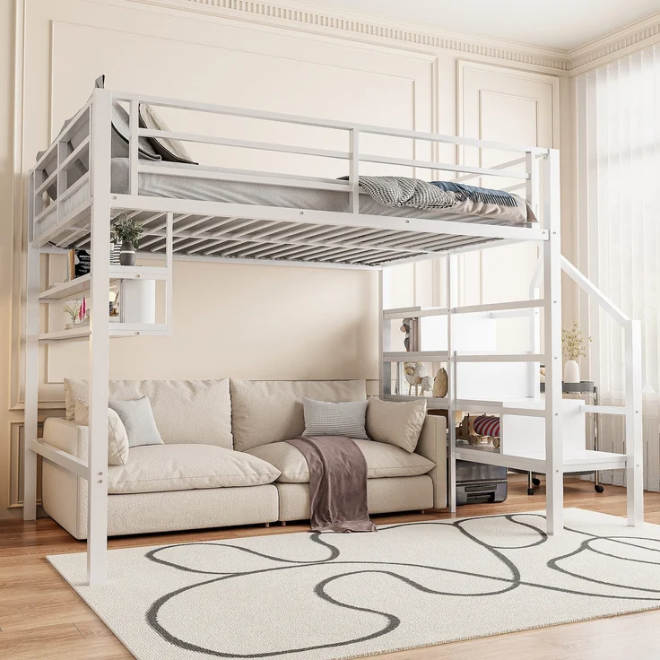 Hochbett mit Lattenrost, 140x200 cm, Metallbett mit Rausfallschutz, Regal, Treppe, Jugendbett, Kinderbett – Bild 3