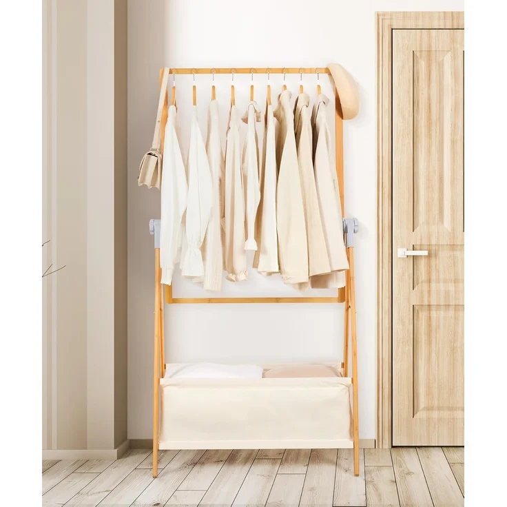 Yorbay Kleiderständer Bambus Garderobenständer mit Aufbewahrungskiste, Freistehender, (Kleiderständer mit Stoffsäcken, Faltbarer Garderobe), zum Aufbewahren von Kleidung 80 x 45 x 177 cm – Bild 9