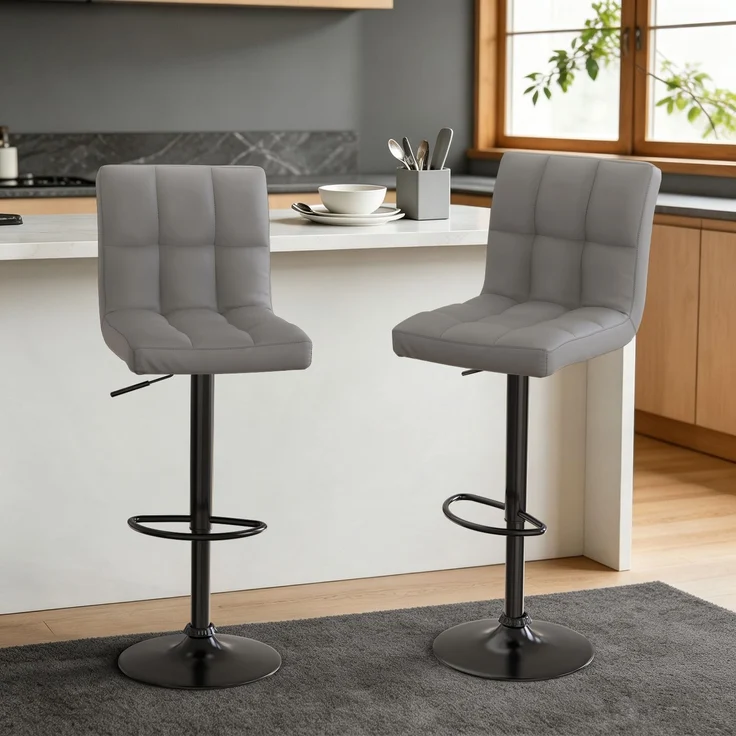 Botifly 2er Set Barhocker Grau Kunstleder, Höhenverstellbar 60-80cm, 360° Drehbare Barstühle mit Fußstütze, SGS-zertifizierte Gasdruckfeder, für Küche, Bar & Theke – Bild 1