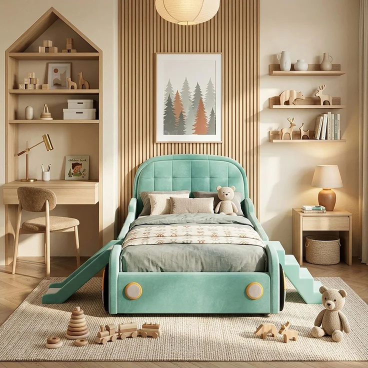 Kinderbett, Autobett mit Rutsche und Treppe, links/rechts montierbar, weiches Polsterbett in Blaugrün, Spielbett mit Fallschutz für Kinderzimmer, 90x200 cm – Bild 5