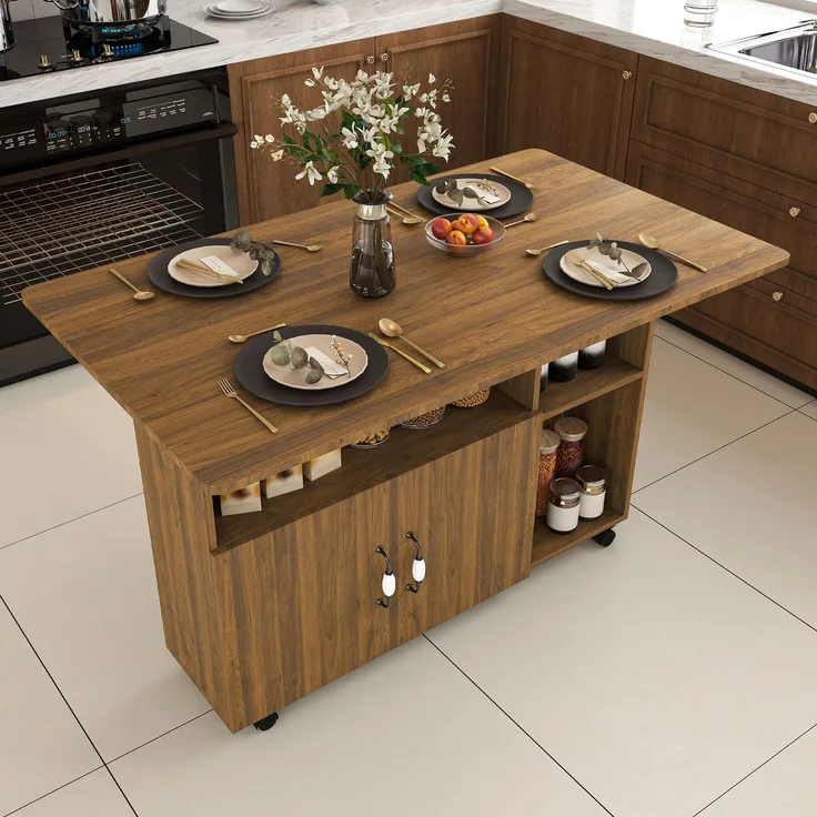 Flieks Mobile Kücheninsel 110x70x80 cm, klappbarer Küchentisch mit Rollen, Ablageböden & Stauraum, Esstisch und Sideboard, Braun