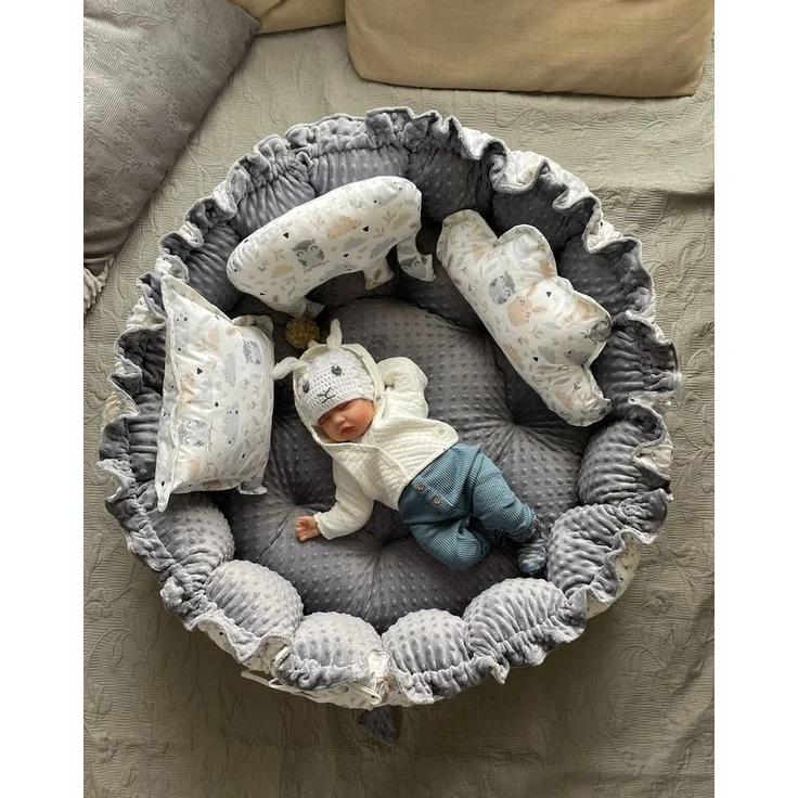 Loolay Bettnestchen MINKY Graphit/ HASE Beige-Weiß ENGELSNEST Babynest, Unterlage, (PREMIIUM XXL als Nestchen Ø90cm, als Krabbeldecke Ø155cm, Original LOOLAY® Babynestchen Spielmatte Reisebett ►SETS MIT ZUBEHÖR), 100% Europäische Stoffe und Kleinserien... – Bild 3