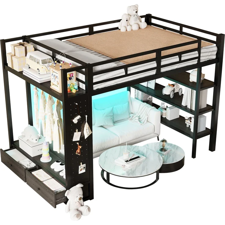 Merax Hochbett, 140x200 cm, Doppelbett, mit offenem Kleiderschrank, mit Ablagefächern, Lochwand und LED-Beleuchtung, schwarz – Bild 10