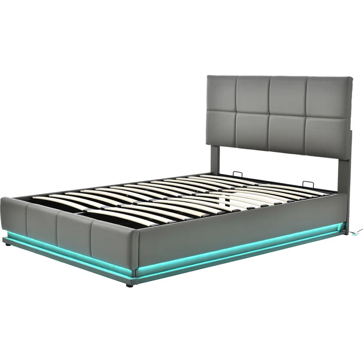 Merax LED Hydraulisches Polsterbett 140x200 aus Kunstleder Doppelbett mit Höhenverstellbares Kopfteil & Lattenrost Dunkelgrau – Bild 7