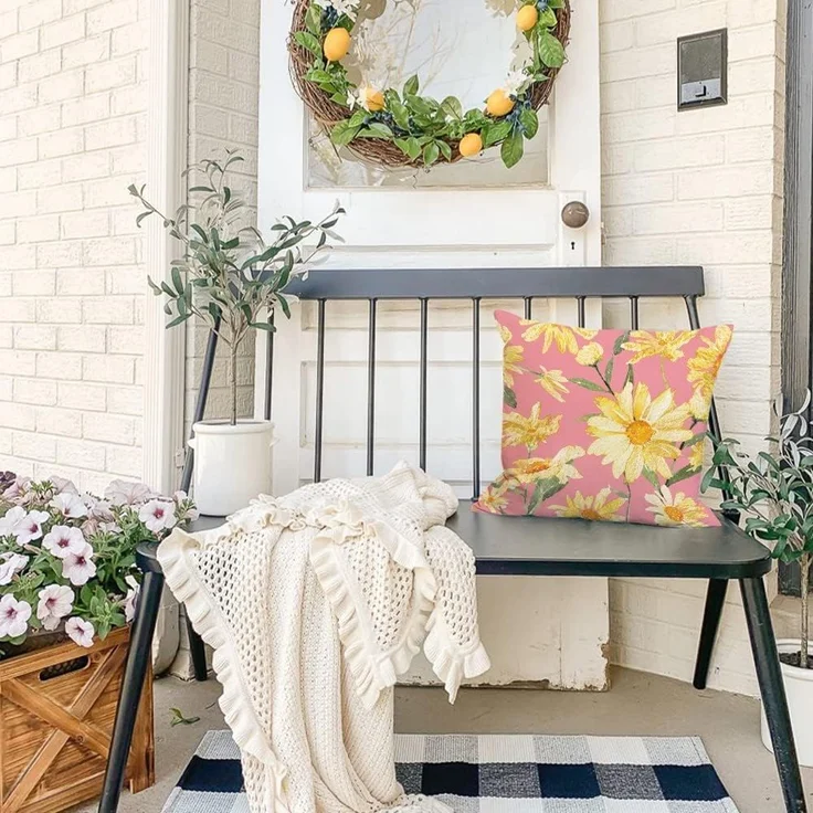 Sommer Kissenbezüge 40×40 cm 4er-Set Gelb-Pink Gänseblümchen, “Hello Sunshine”, Outdoor Couch – Bild 2