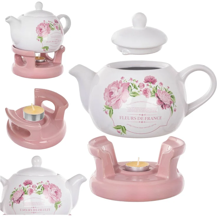 KADAX Teekanne 1L mit Stövchen Set, Kaffeekanne aus Porzellan mit Deckel, Griff und Teestövchen, Kanne mit Teelicht Wärmer für Tee, Teeservice (Rosa/Weiß, Ohne Tassen) – Bild 1