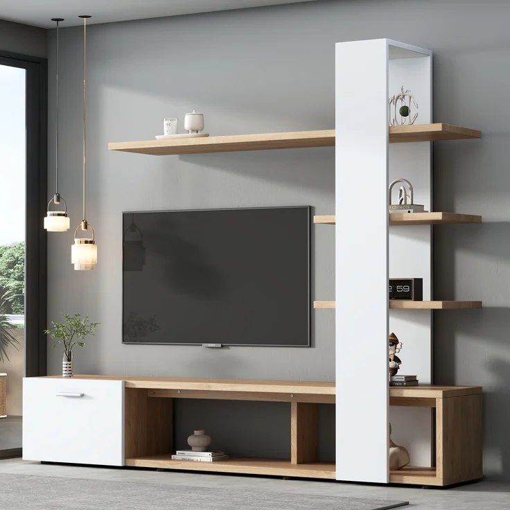 TV-Wandschrank Weiß Holzdekor für Fernseher bis 60 Zoll, Entertainment-Center mit offenen Regalen und Tür, schwebende Bücherregale – Bild 5