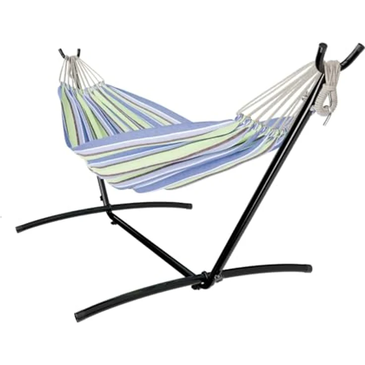 GARMIO Hängematte mit Stahlgestell, 200kg Belastbarkeit, klappbar, Blau-Grün, 270x110x105cm, inkl. Zubehör & Tragetasche, pflegeleicht – Bild 7