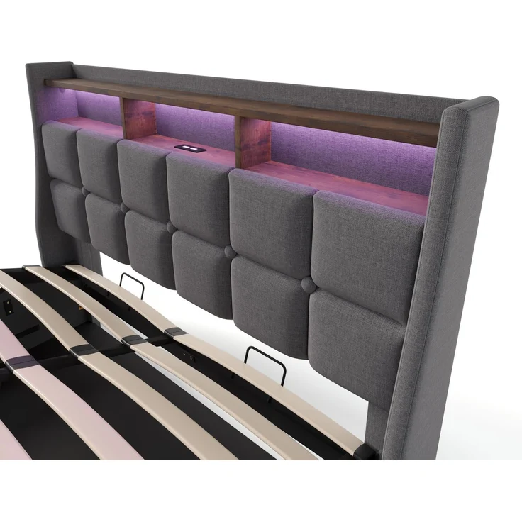 Polsterbett 140x200 cm aus Leinen mit LED-Beleuchtung und Bettkasten – Vintage-Look – Bild 9