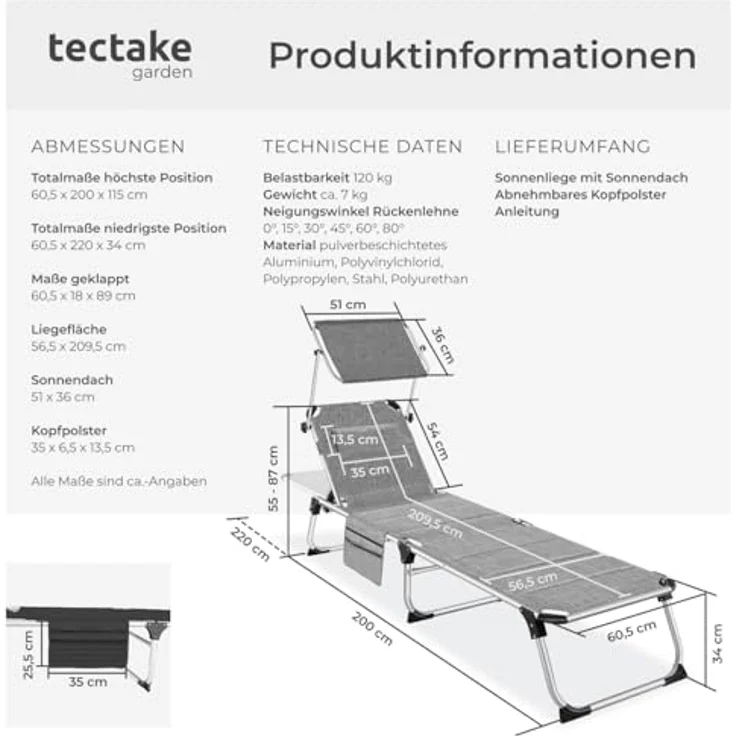 tectake Gartenliege Sonnenliege, 1, 1 St, 1tlg, gepolstert, klappbar – Bild 7