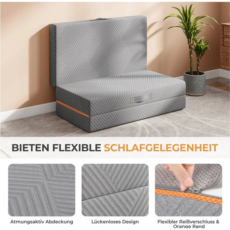 Klappmatratze 3-teilige Faltmatratze Gästematratze in grau Gästebett klappbar, Vesgantti, mit waschbarem Bezug, Gel Schaumstoff Matratze, 10CM hoch, 15CM hoch – Bild 3