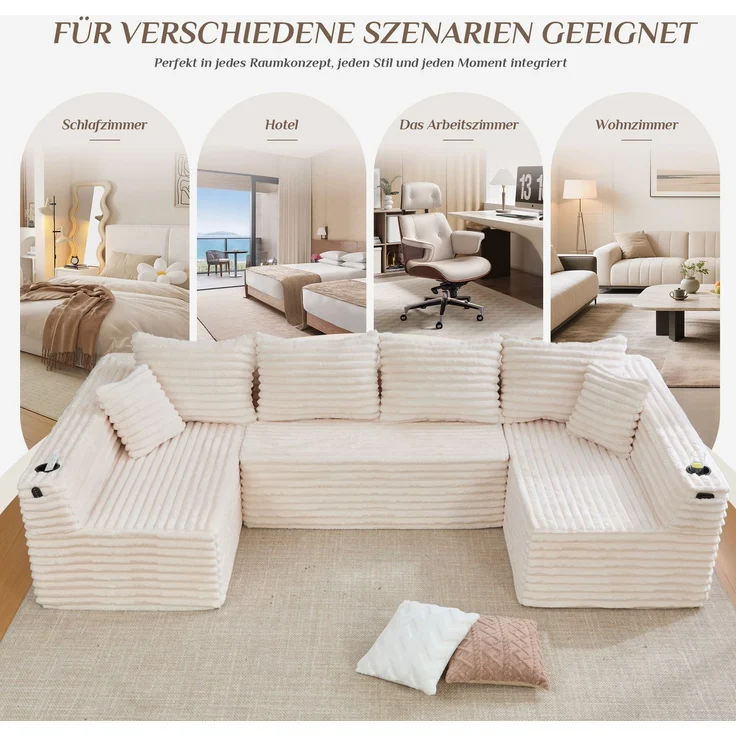 DESVIAE Sofa in U-Form mit Getränkehalter und Seitentasche 320x88x155 cm Cord Beige – Bild 4