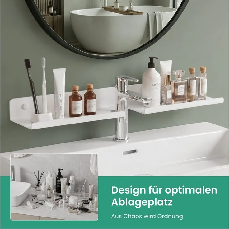 Mai & Mai Duschregal Waschbeckenregal über Wasserhahn Bohren oder Kleben 60cm Reglo-17, Direkt am Wasserhahn montierbar, Wasserabfluss-Design – Bild 2