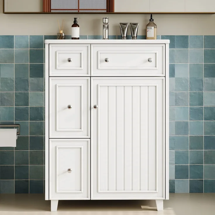 61×47×87cm, freistehender Badezimmerwaschtisch, lackierte Oberfläche, integriertes Keramikbecken, Soft-Close-Scharniere, eingebaute Regale in der Schranktür, runder Griff, hohes Fußdesign, weiß.
