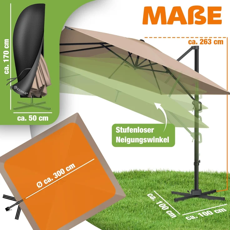 KESSER® Sonnenschirm Ampelschirm SUN XL 300 x 300 cm Inkl. Abdeckung +Windsicherung Drehbar Neigbar Kippbar Marktschirm Groß 360° Rotation, Gartenschirm mit Kurbel Sonnenschutz UV50+ Taupe, Ohne LED – Bild 2