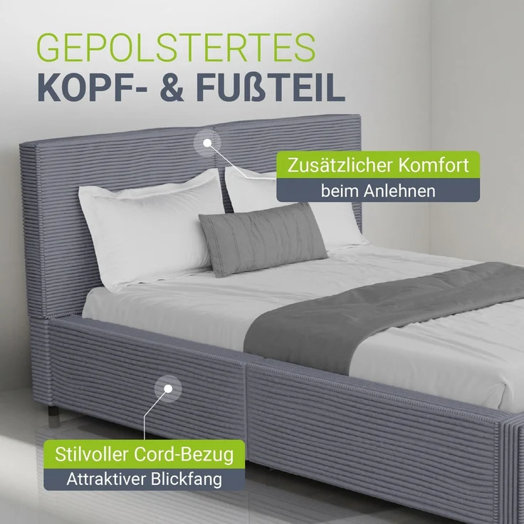 Juskys Polsterbett Salerno 140 x 200 cm – Cord Grau, modernes Bett mit Kopf- & Fußteil, stabilem Holz- & Metallrahmen, Lattenrost, 500 kg Tragkraft – Bild 5