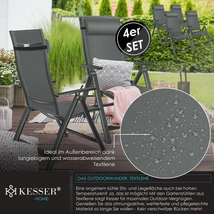 KESSER® Gartenstuhl Hochlehner mit Armlehnen | Aluminium Klappstuhl inkl. Kopfkissen Campingstuhl 7-Fach Verstellbar Rückenlehne | Atmungsaktiv & Wetterfest | Klappbar & Anti-Rutsch Anthrazit, 4 Stück – Bild 2