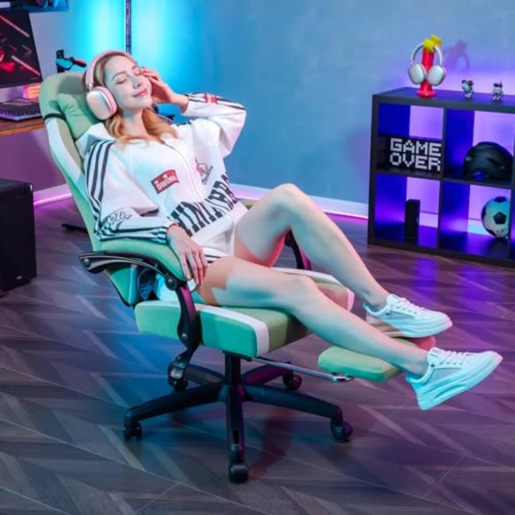 GTPLAYER Gaming Stuhl Ergonomischer, PC Stuhl Atmungsaktiver Stoff, Groß und Hoch Drehbarer Schreibtischstuhl mit Fußstütze,Verstellbare Lendenwirbelstütze und Kopfstütze,Grün – Bild 10