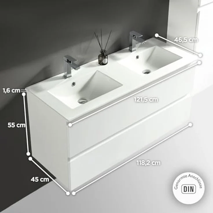 Alpenberger Badezimmer-Set Badezimmer Möbel Badschrank - Doppelwaschbecken mit Unterschrank, (Moderner Waschplatz, Keramik Waschbecken mit Überlauf), Doppelwaschtisch 120 cm Breit – Weiß Glänzend – Bild 3