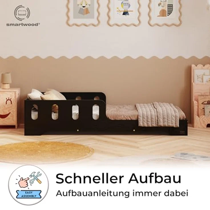 smartwood Kinderbett 100x200 cm in Schwarz - Montessori Bodenbett mit Rausfallschutz & Lattenrost - Aus handbemaltem Sperrholz - Sicher für Jungen und Mädchen - Einfache Montage - TILA 6 – Bild 5