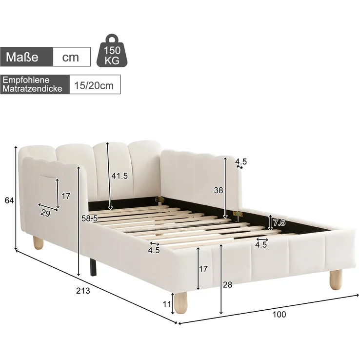 Merax Polsterbett, Einzelbett, Kinderbett 90x200 cm, Bett mit und gepolstertes Kopfteil und Rausfallschutz, Bettbeine aus Massivholz, Samt, beige – Bild 4