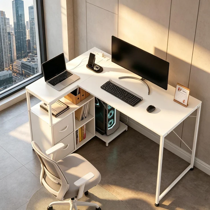 Ecke Schreibtisch,Bürotisch mit Stromanschluss,Umkehrbares Rechteck Design Bürotisch(nur mit Schreibtisch)--Weiß--80x120x76cm--YOUDENOVA – Bild 4