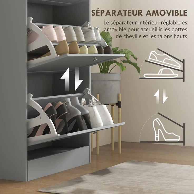 Schuhschrank für 18 Paar Schuhe, Schuhschrank mit 3 Klappschubladen, verstellbaren Einlegeböden, 60 x 23,5 x 115 cm, grau – Bild 8