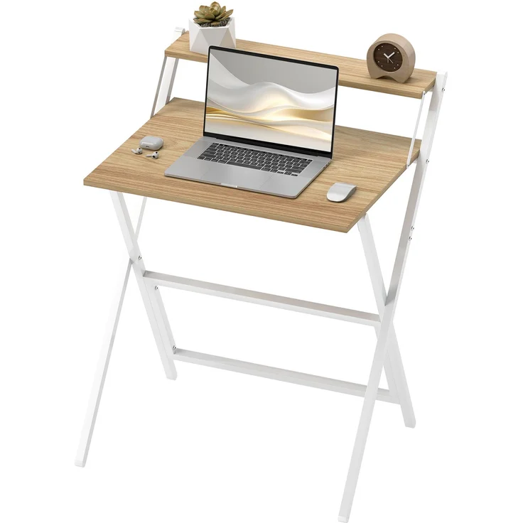 MELAYR, Schreibtisch mit Monitorständer, 70 cm Klappbarer Computertisch für Homeoffice, Kleine Räume, Natur, Naturholz – Bild 2