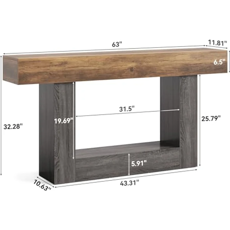 LITTLE TREE Konsolentisch, 160 cm lang, 2-stöckig, Bauernhaus-Sofatisch hinter der Couch, großer schmaler Eingangstisch für Wohnzimmer, Flur, Foyertisch aus Holz mit robuster Basis, rustikales Braun – Bild 3