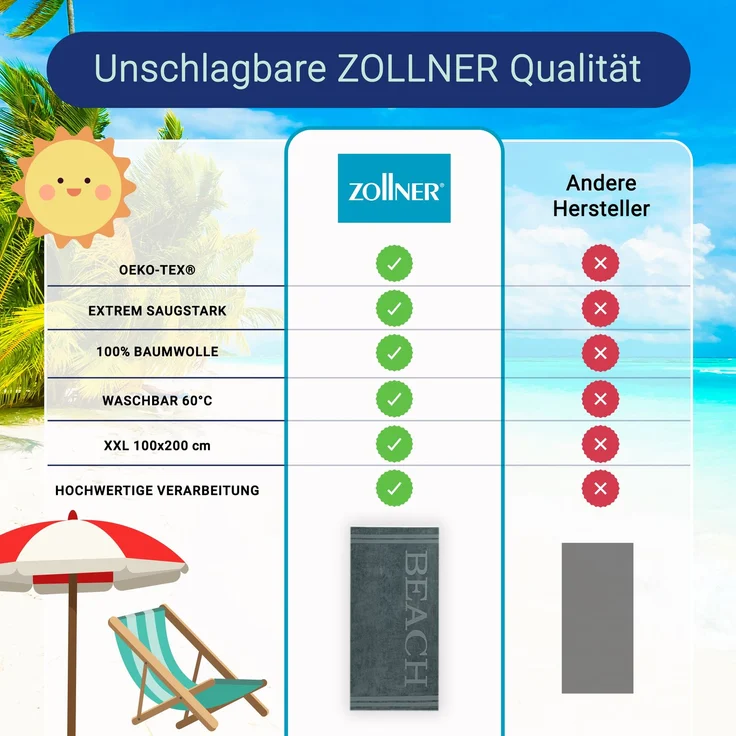 ZOLLNER Strandlaken groß, 100x200 cm, 100% Baumwolle, grau – Bild 5