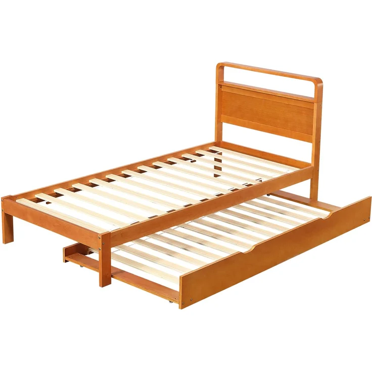ZUBALIYA Bettgestell Holzbett 90x200 cm mit Ausziehbett 90x190 cm, Funktionsbett mit links/rechts montierbarem Gästebett, abgerundetem Kopfteil und platzsparendem Design, Natur – Bild 18