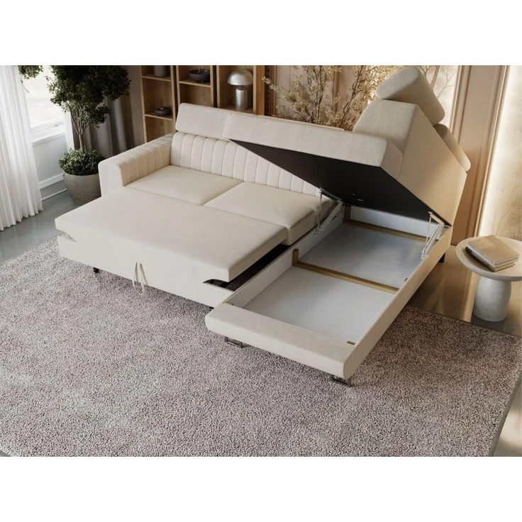 GrainGold Ecksofa mit Schlaffunktion und Bettkasten BERONA L - 255x190 cm, Beige, verstellbare Kopfstützen, Samt – Bild 6