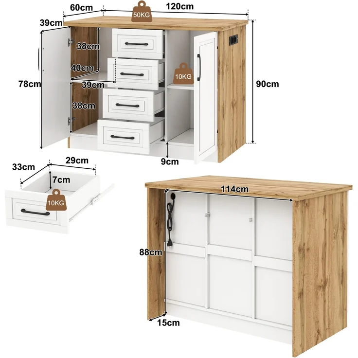 Kücheninsel 120 x 60 x 90 cm aus MDF mit 4 Schubladen, verstellbaren Einlegeböden und Steckdosen – Bild 5