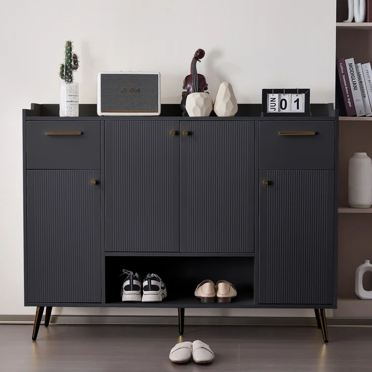 Merax Schuhschrank, Schuhregal mit 2 Schubladen und 4 Türen, Metallfüße, Maße: B130/W37/H100, schwarz – Bild 3