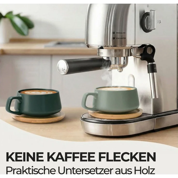 MiaMio Cappuccinotasse Luxe Evergreen Grün, 8-tlg, Keramik, 320 ml, mit Holzuntersetzern – Bild 3