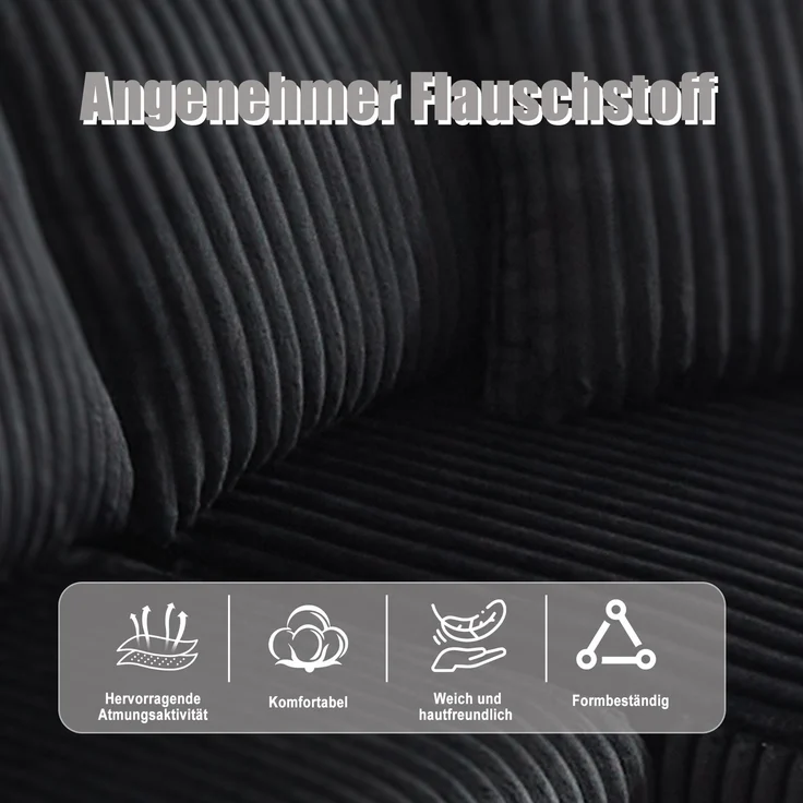 Modulares Sofa Set mit Chaiselongue & 2-Sitzer in Schwarz, weicher Cordbezug, 5 Kissen, Getränkehalter – Bild 9