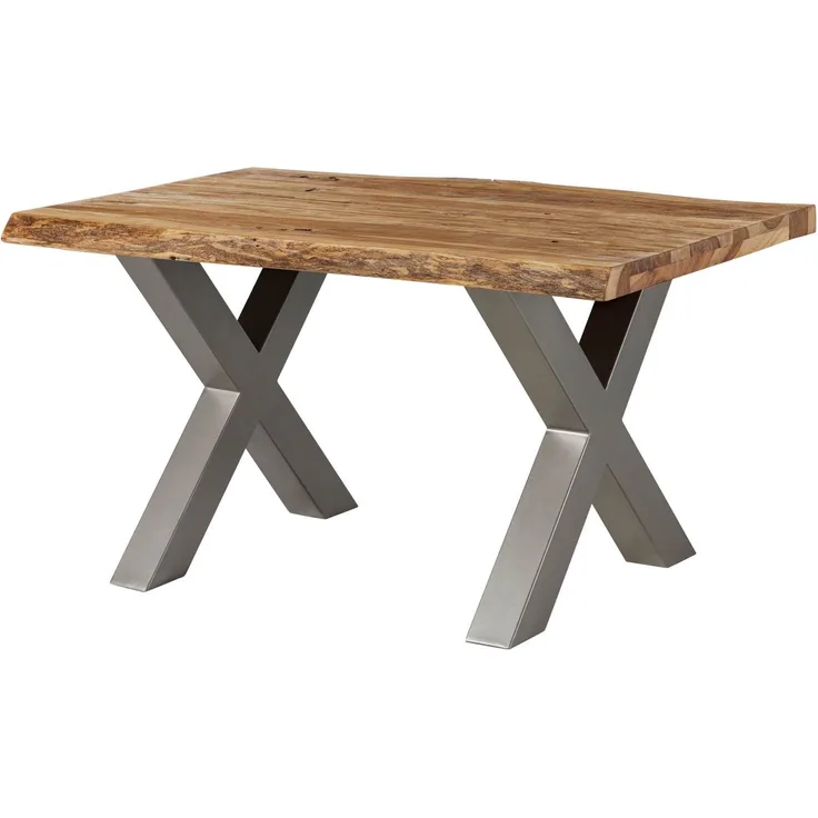 Baumtisch Sheesham 140x90x77 natur sandgestrahlt / X-Beine silber matt FREEFORM 5