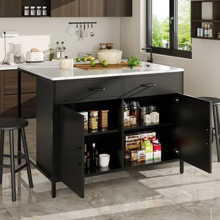 Odikalo Kücheninsel mit Arbeitsplatte Essschrank Küchenschrank, Marmor, (Schwarzer Stehtisch, Küchenarbeitsplatte, einfach und modern, Kaffeebartisch, geeignet für Wohnzimmer, Esszimmer, Tischplatte mit Marmorstruktur, verstellbare Füße)