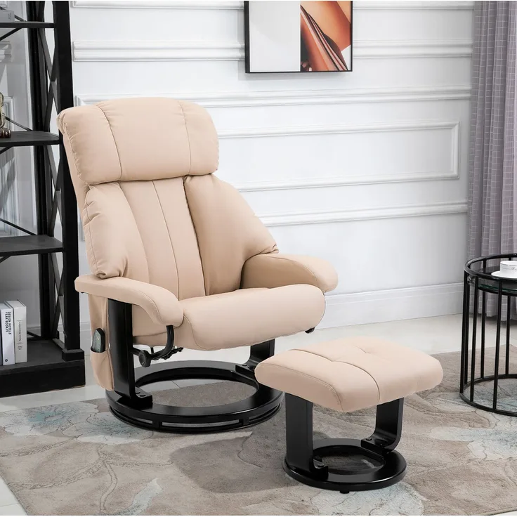 DESVIAE Sessel mit Massagefunktion und Hocker, 2-tlg, Bonded Leather, Cremeweiß, 76 x 80 x 102 cm