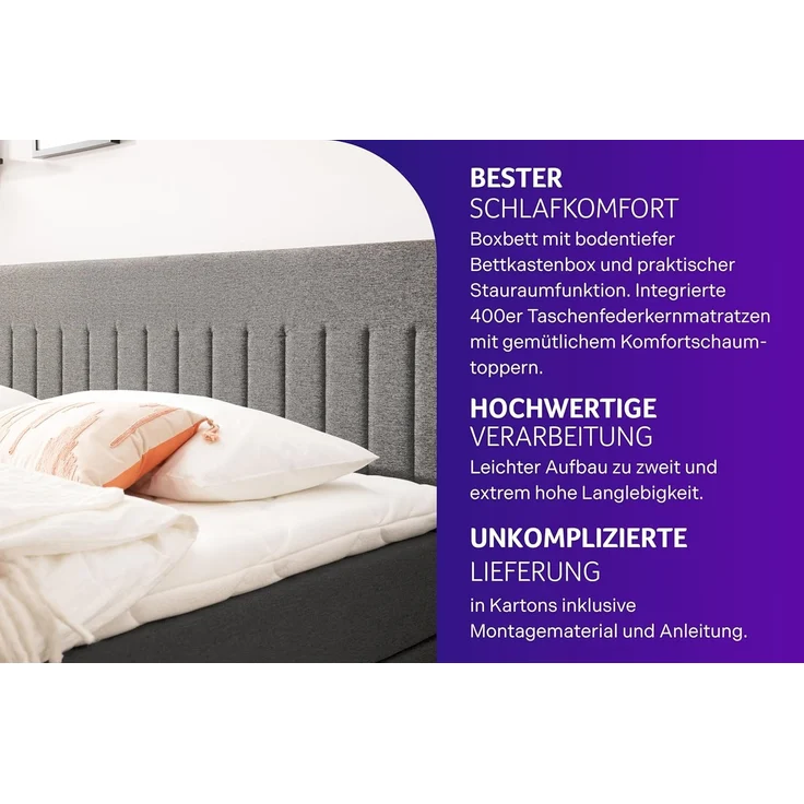 Traumnacht Boxbett Nizza mit praktischem Stauraum, mit 7-Zonen Tonnentaschenfederkernmatratze (H3) und Komfortschaumtopper, Leichter Aufbau, 140x200, dunkelgrau – Bild 3