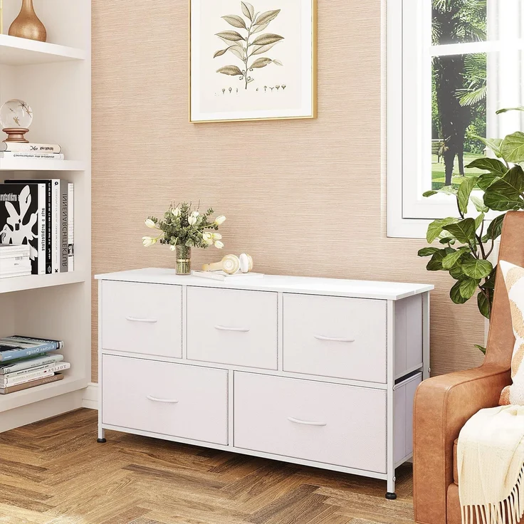 DUMOS Kommode mit Schubladen - Kommoden & Sideboards für Schlafzimmer Geeignet, Komodenschrank mit 5 Schubladen, Stoffkommode mit Stabilem Stahlrahmen, Ideal für Schlafzimmer, Wohnzimmer (Weiß)