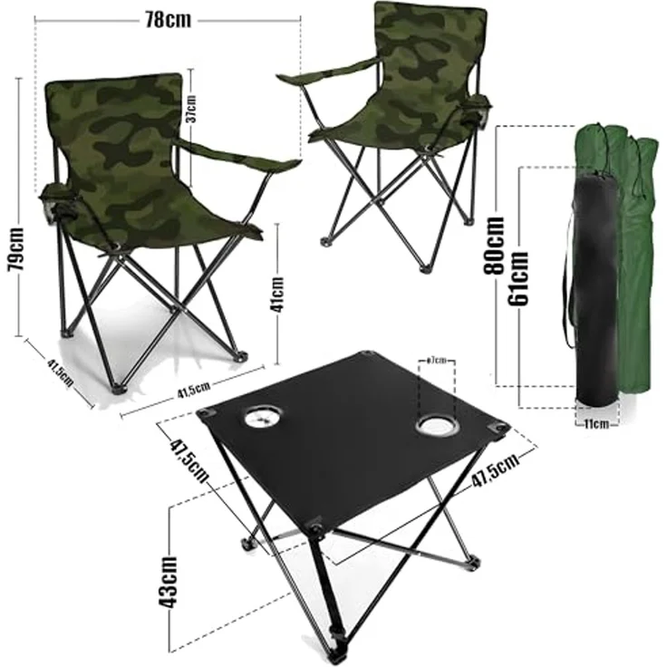 BigDean Campingtisch mit Stühlen camouflage - Camping Tisch Stuhl Set Camping Stühle (Set, 1-St, 2 Stühle mit Tisch), Angel, Festival, Outdoor, Pflegeleicht – Bild 3