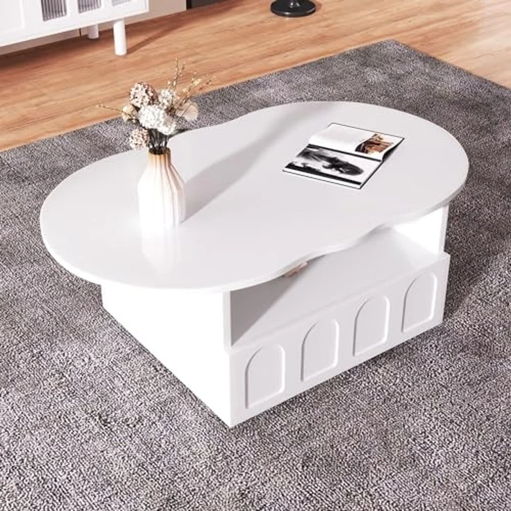 FurnitureR Eleganter Weißer Beistelltisch mit Geschwungenem Design, Moderne Wohnzimmermöbel, Stabiler MDF-Korpus, Vielseitige Einsatzmöglichkeiten für Zuhause und Büro – Bild 4