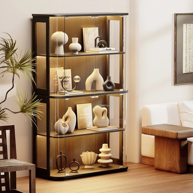 BROTTAR Standvitrine Große, runde Vitrine mit dreifarbiger Beleuchtung & Bewegungssensoren (1-St) mit zwei Acryl-Seitentüren und vier Regalböden – Bild 2