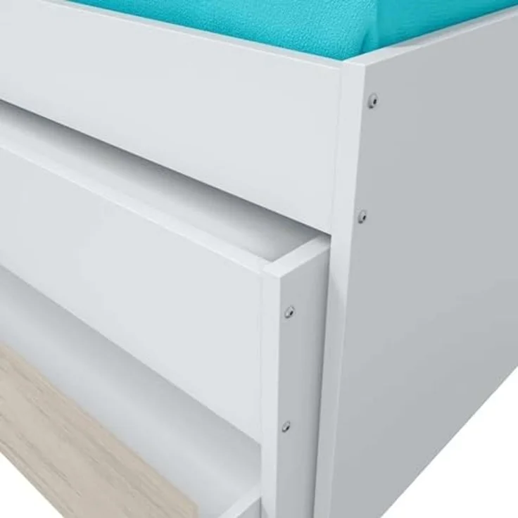 Habitdesign, Kinder- und Jugendbett mit 2 Liegeflächen, Schublade und Regal, platzsparendes Funktionsbett in Artik Weiß und Velho, Maße: 96 x 65 x 199 cm (B x H x T), Modell Elliot (ohne Lattenrost) – Bild 6