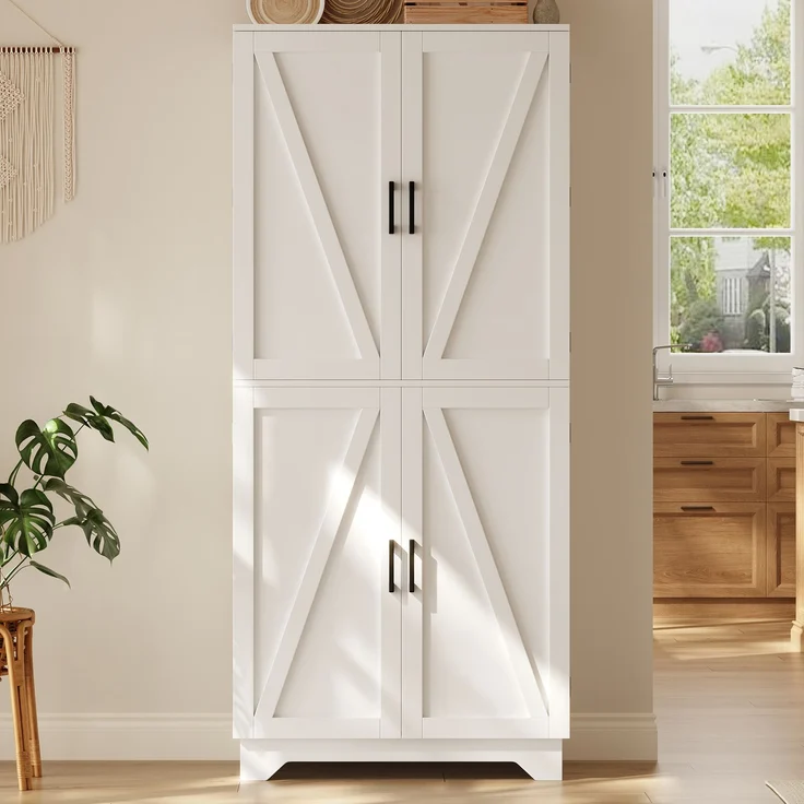 Küchenschrank, hoher Stauraumschrank mit 4 Scheunentor-Türen, Vorratsschrank mit Weinregal und Türregal, Aufbewahrungsschrank für Wohnzimmer und Esszimmer, 80 × 40× 180 cm – Bild 3