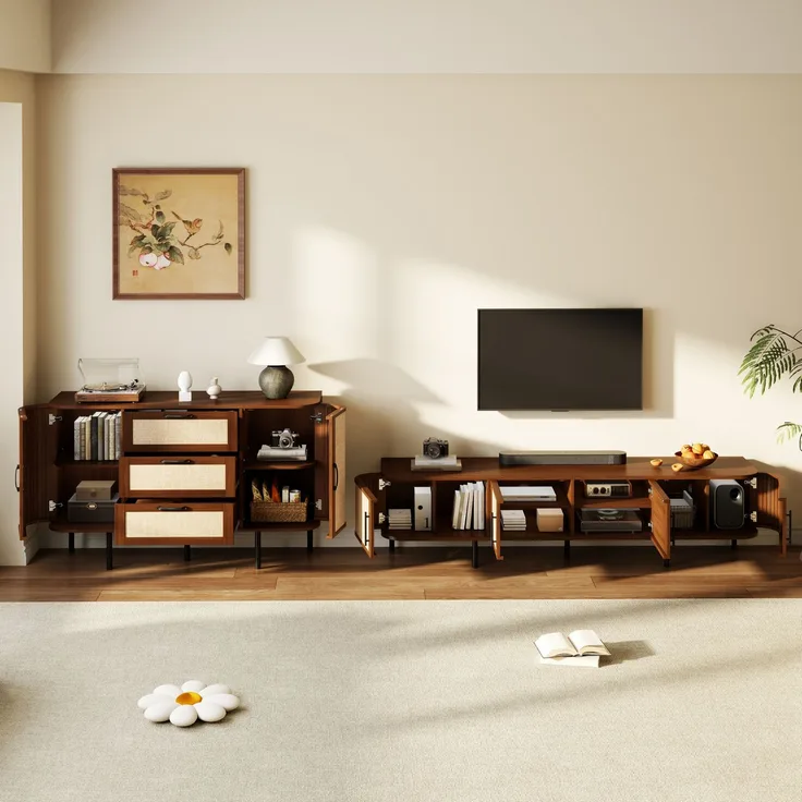 DESVIAE TV-Schrank- und Sideboard-Set Nussbaum aus MDF – 180x45x40 cm und 120x82x40 cm – Geflechtfronten