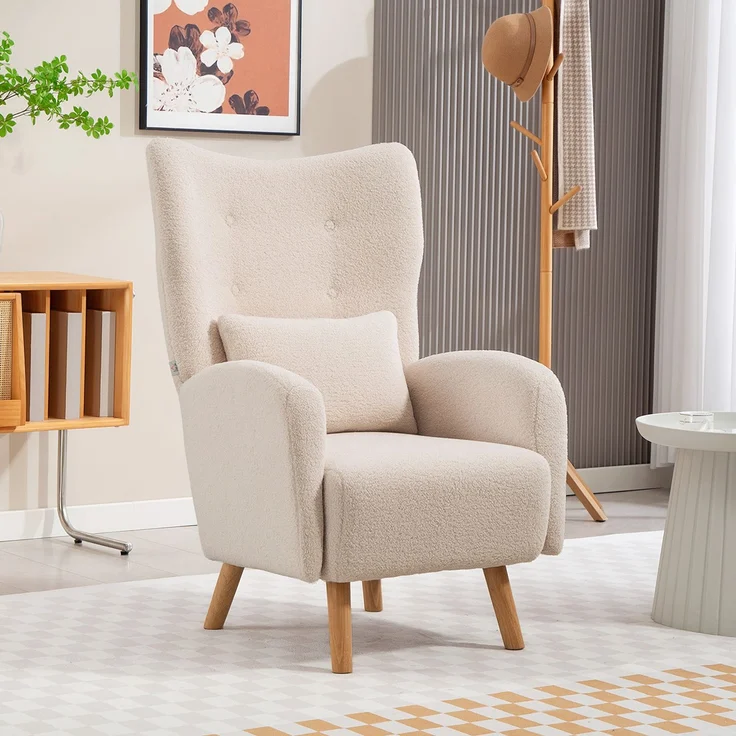 Akzentstuhl, Polstersessel mit Plüschbezug, Schaumstoffkissen, Ohrensessel, Beige--Beige--106x72x77cm--YOUDENOVA – Bild 3